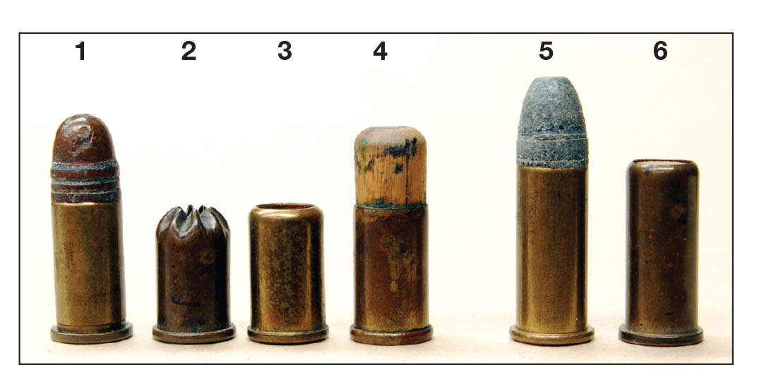 These cartridge include the (1) .32 Short Colt, (2) unmarked blank, (3) Winchester Repeating Arms blank, (4) unmarked shot load, (5) .32 Long Colt and a (6) Winchester Repeating Arms shot load in a standard length case. Many such rounds were simply stamped “32” and fit in both .32 Colt and .32 S&W chambers.